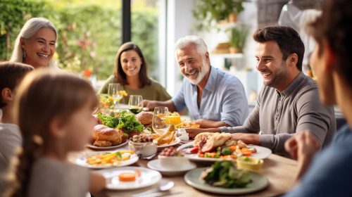 Multi generation family gathered around table, having weekend lunch in the kitchen at home.